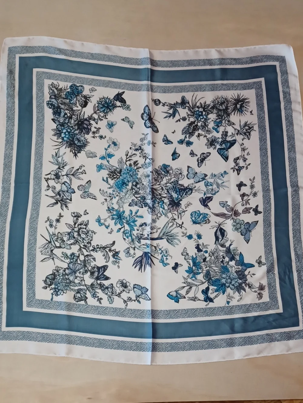 Floral and Butterfly Print Satin Square Scarf Blue White Cottagecore Boho 27×27